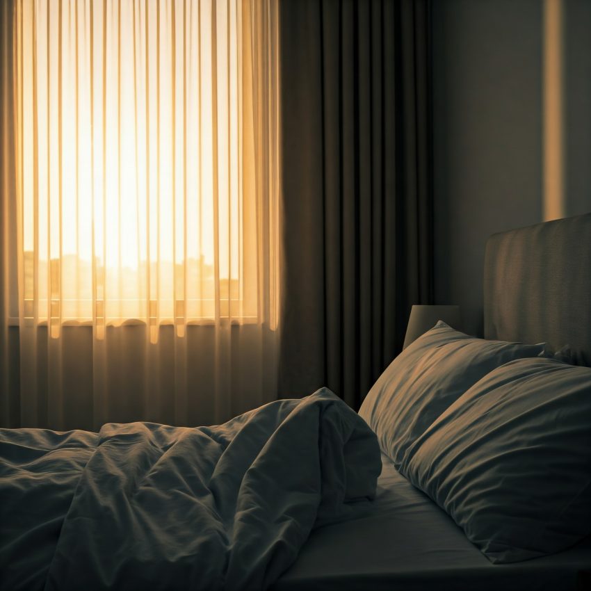 A peaceful bedroom with morning light streaming through the windows or someone waking up with a fresh, peaceful expression on their face.
